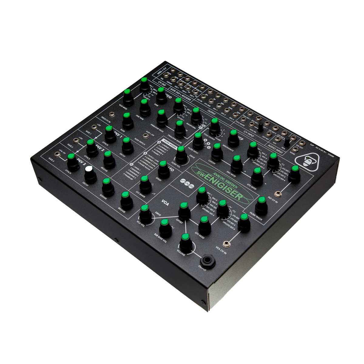 Sintetizador analógico swEnigiser Limited Edition, vista frontal en ángulo