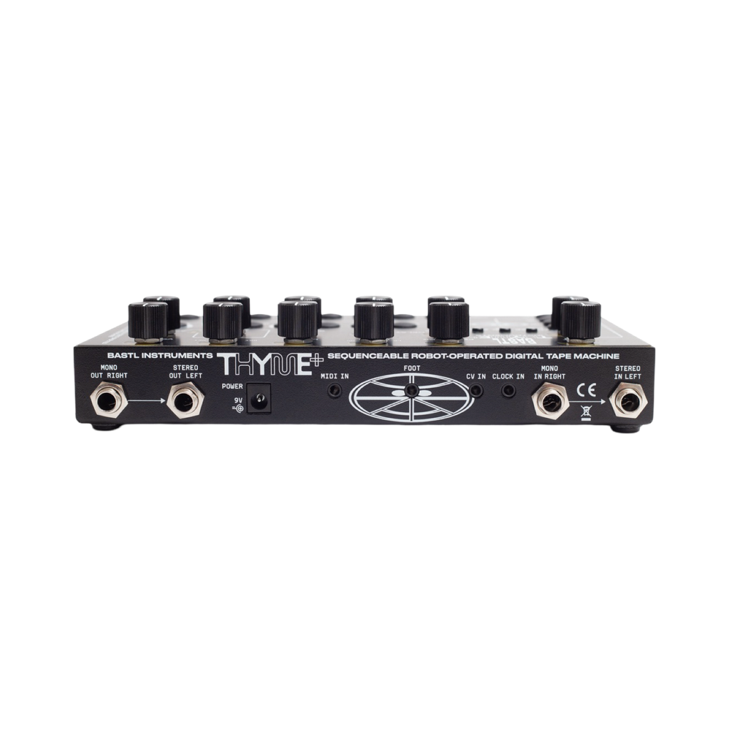 Panel trasero del Bastl Thyme+ con conexiones de audio, MIDI, CV y reloj