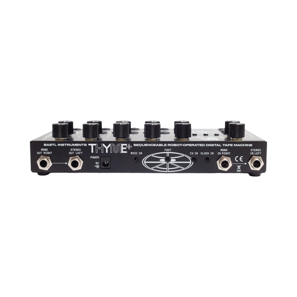 Panel trasero del Bastl Thyme+ con conexiones de audio, MIDI, CV y reloj