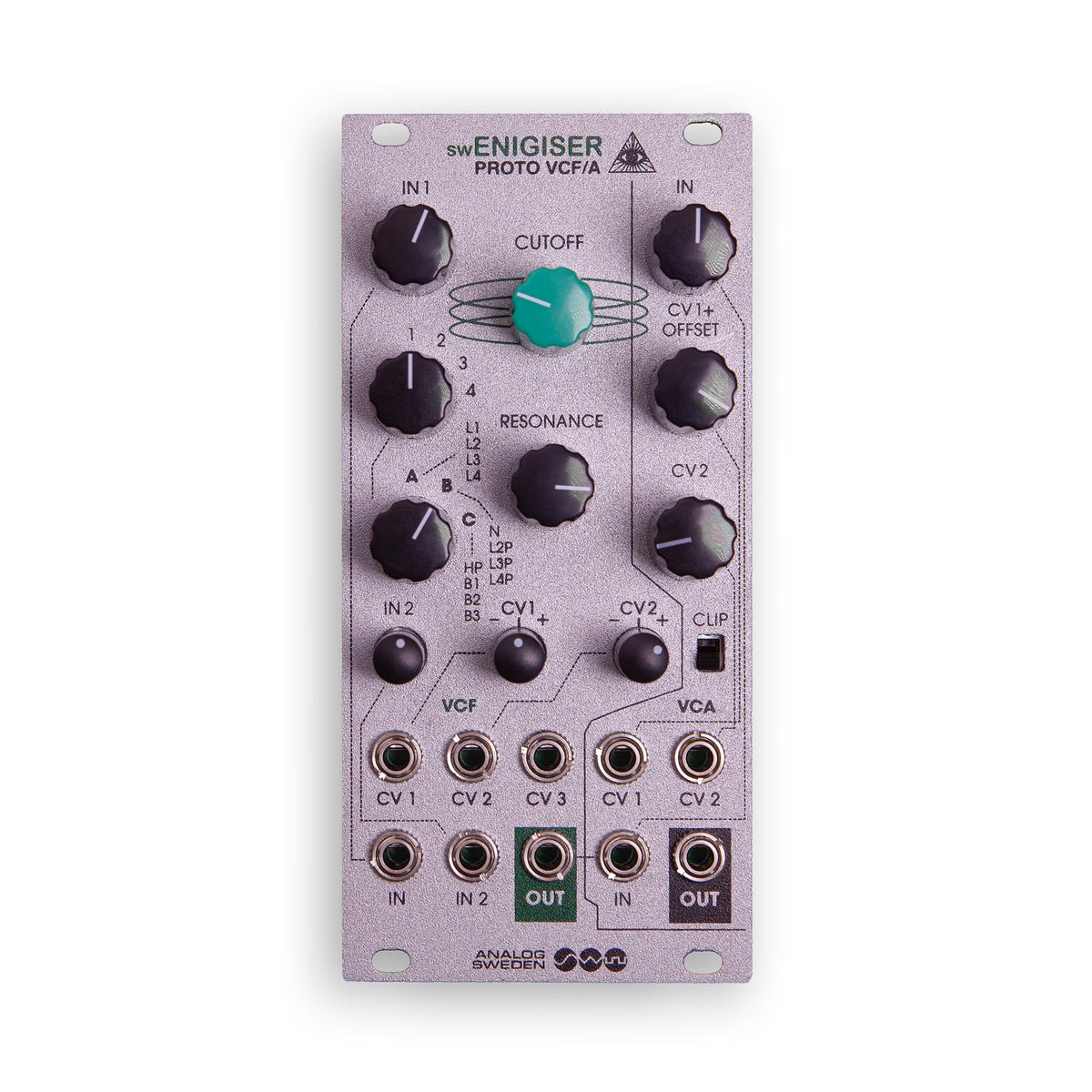 Módulo swEnigiser Proto VCF/A con panel plateado, vista frontal