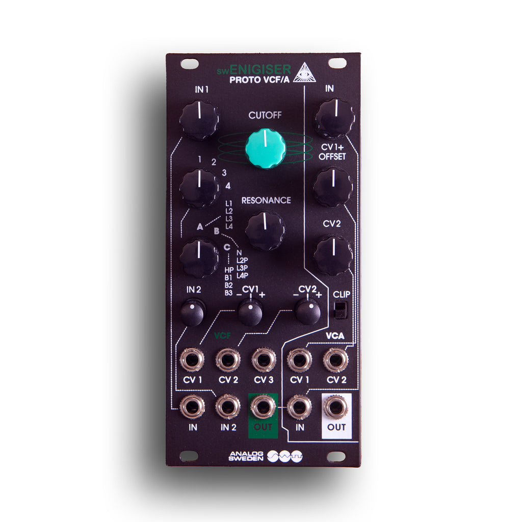 Módulo swEnigiser Proto VCF/A con panel negro, vista frontal